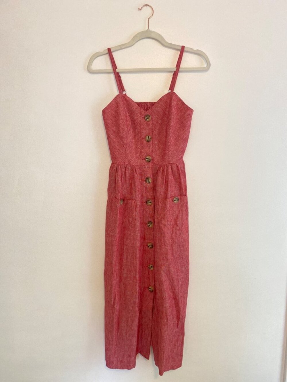 Indigo Rein Red Button-Front Midi Dress With Pockets Linen Blend Size S